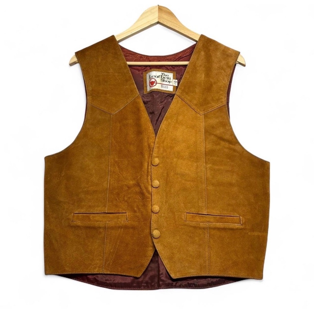 Vintage Sears The Leather Shop Suede Leather Western Vest Brown Mens 44 Reg